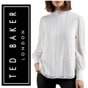 Ted Baker Vessar White Lace Trim Blouse Long Sleeve Size Medium